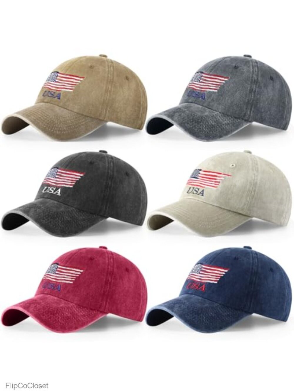 6 Pack American Flag Baseball Cap 3D Embroidered Washed Cotton Adjustable